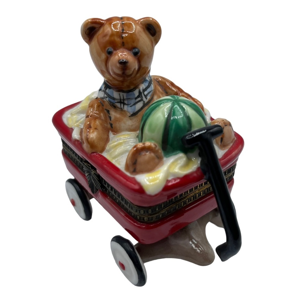 Sold! Vtg Studio USA Teddy Bear Watermelon in Wagon Porcelain Trinket Pill Box